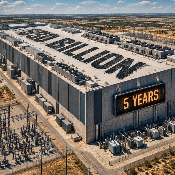A giant data center with “$30 billion” on its roof and a five-year countdown on its end wall.
