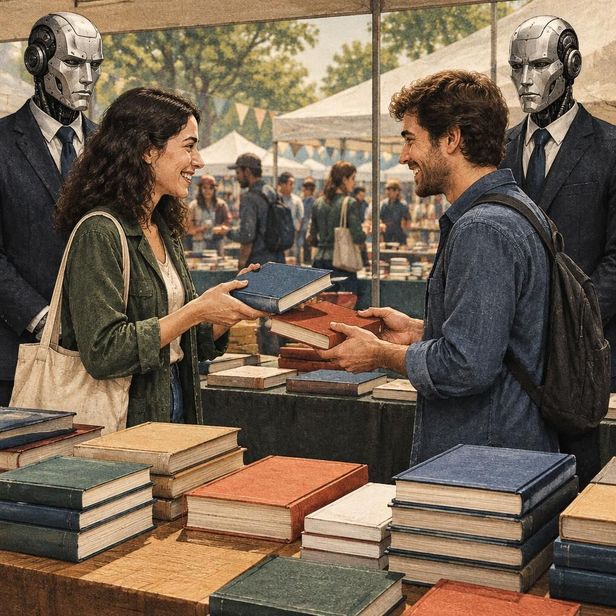 Весёлые посетители книжной ярмарки обмениваются книгами; за спиной каждого стоит робот-адвокат с серьёзным лицом