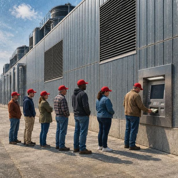 Жители в красных бейсболках стоят в очереди к банкомату, встроенному в стену огромного дата-центра